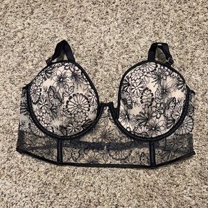 Victoria's Secret Cream Black Lace Longline Bra 36DD Floral Underwire Lingerie